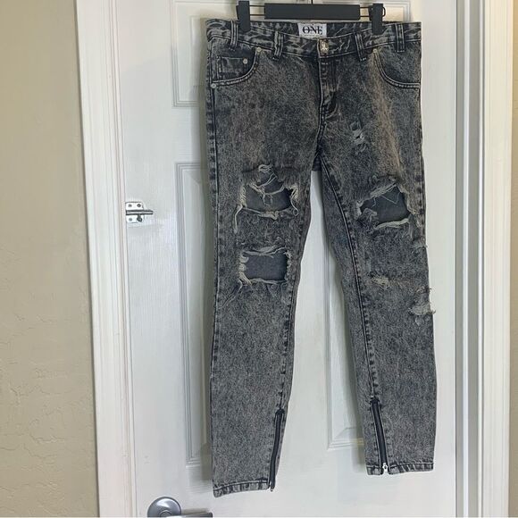 One Teaspoon Gray Acid Melrose Trashed Freebirds Boyfriend Cut Jeans Size 28 - Picture 3 of 10